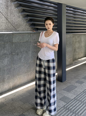 sunn21 美式复古格子裤女早春新款低腰显瘦设计感抽绳直筒阔腿裤