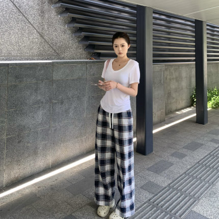 sunn21 美式复古格子裤女早春新款低腰显瘦设计感抽绳直筒阔腿裤