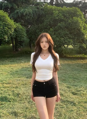 sunn21美式复古高弹牛仔短款女夏季新款黑色低腰显瘦卷边牛仔热裤