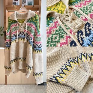 复古女装 宽松版 上衣00808 费尔岛提花系带针织衫