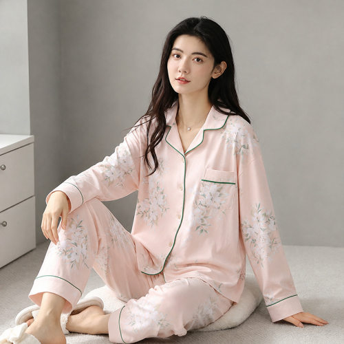 美梦高档纯棉睡衣女春秋款长袖可外穿中老年家居服套装简约加大码