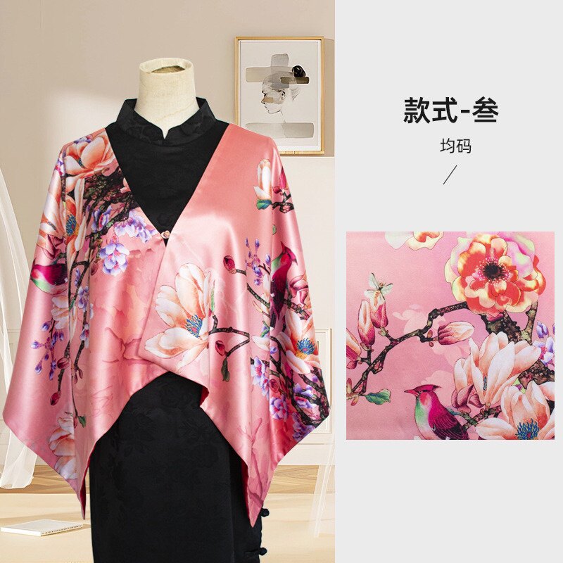 杭州丝绸奢华双层真丝纽扣喷绘缎面长款结婚回礼旗袍披肩秋冬围巾