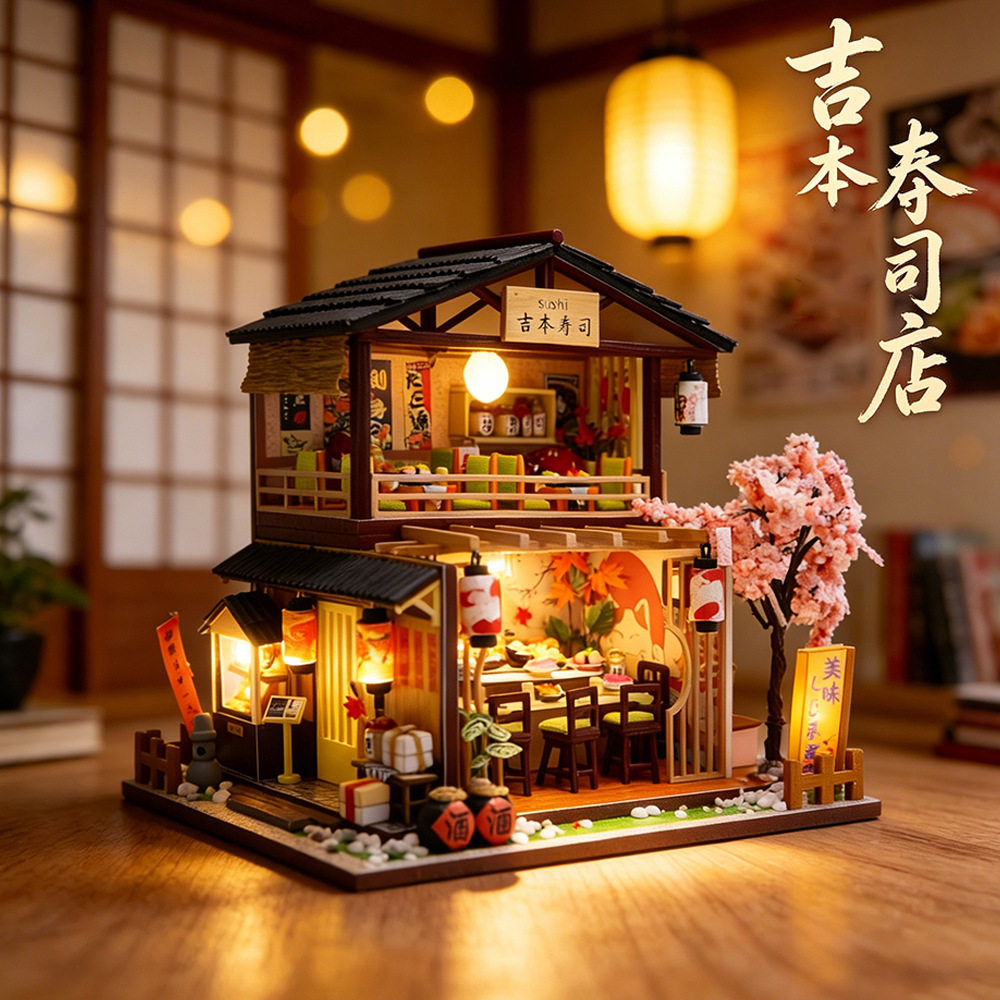 弘达DIY手工拼装吉本寿司店小屋木质微缩场景创意建筑模型摆件