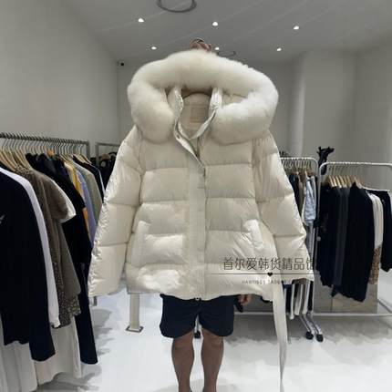 韩国东大门代购狐狸大毛领鹅绒羽绒服 24冬简约加厚收腰短款外套