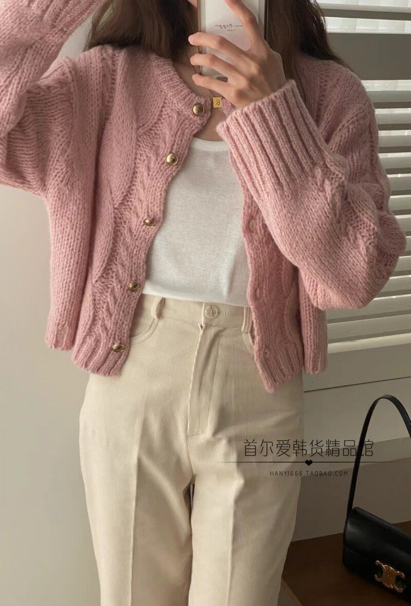 韩国东大门代购金扣长袖针织衫外套 23秋冬复活麻花结开衫毛衣