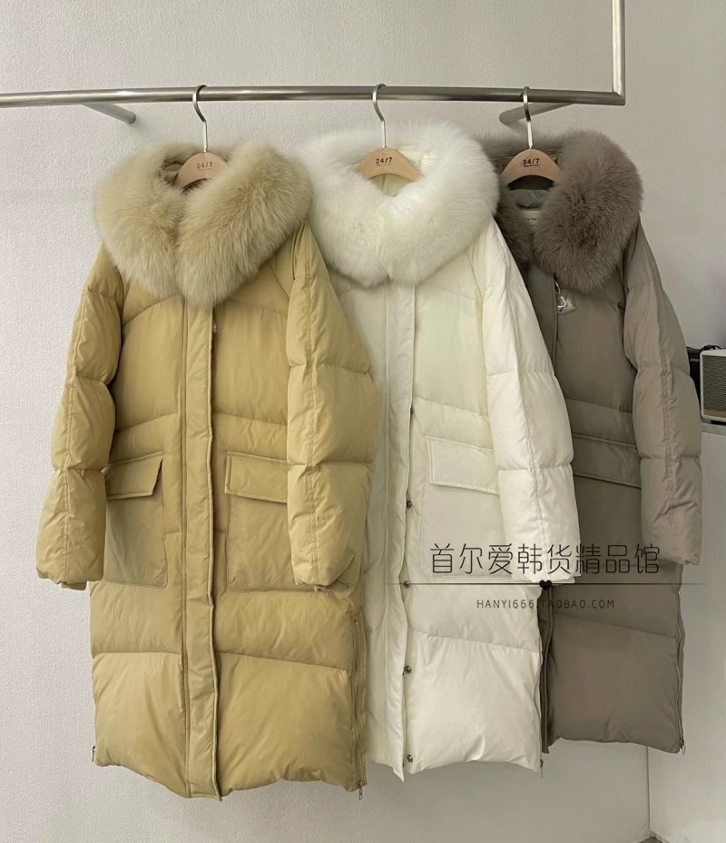 韩国代购狐狸毛领直筒宽松羽绒服 23冬季纯色中长款连帽羽绒外套