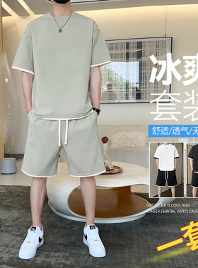 夏季新款圆领休闲运动套装男潮流百搭假二件宽松大码男短袖五分裤