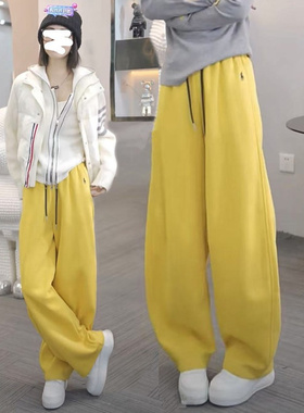 秋冬韩系黄色休闲阔腿裤女加绒加厚时尚高腰松紧腰直筒卫裤长裤子