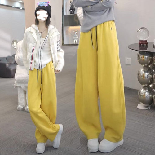 时尚高腰松紧腰直筒卫裤长裤子