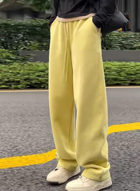加厚保暖裤子女2025新款宽松显瘦休闲黄色阔腿裤高腰百搭直筒卫裤
