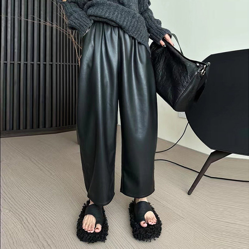 秋冬时尚新款黑色显瘦皮裤女松紧腰高腰宽松显瘦直筒九分阔腿裤,女装/女士精品,卫裤,淘宝优惠券,粉丝福利购,淘宝优惠卷