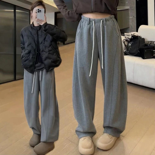 垂感休闲裤女加绒灰色弯刀裤