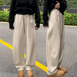 显瘦阔腿裤 春秋新款 宽松极简弧线休闲裤 子女米白色弯刀裤 子 抽绳裤