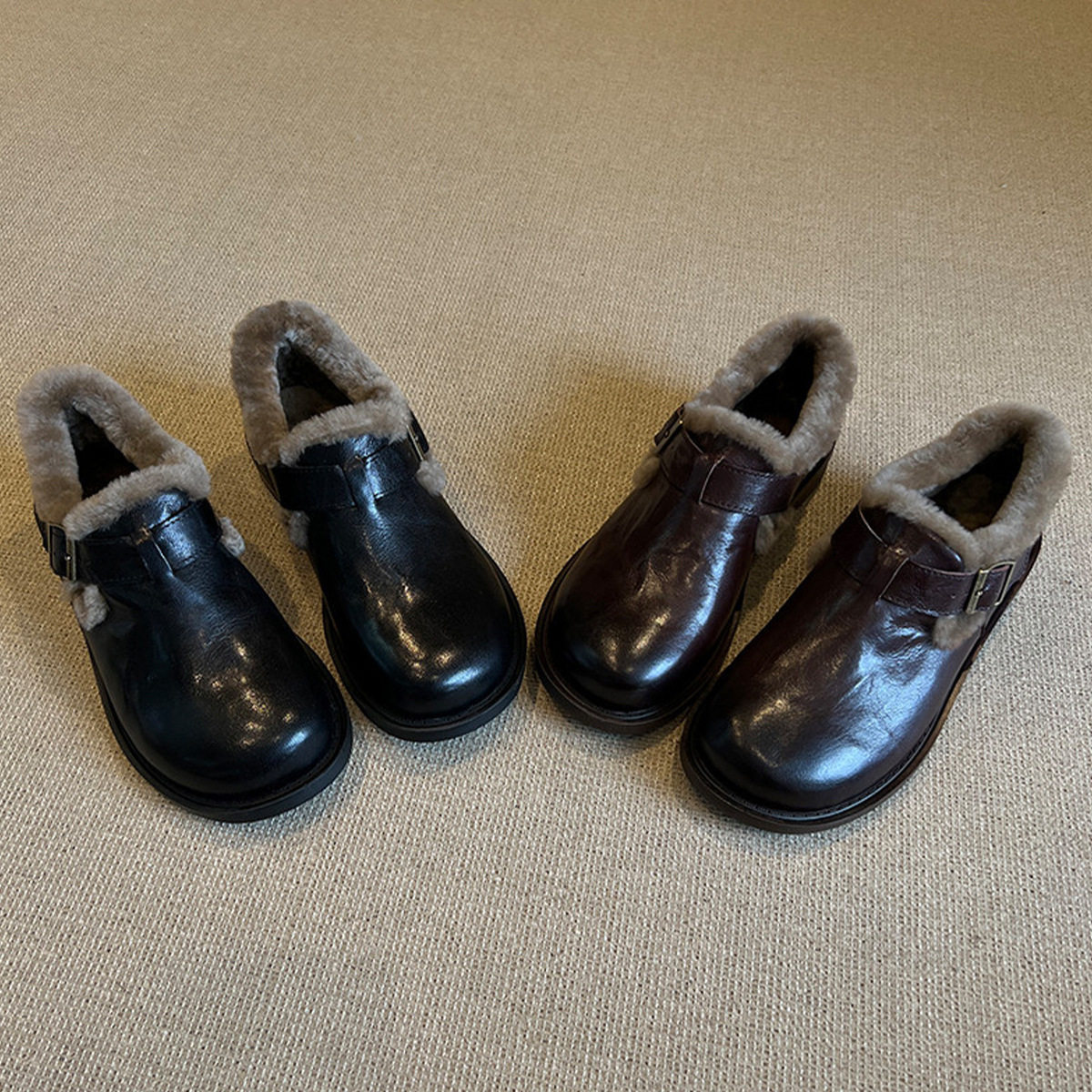 2025冬季保暖加绒羊羔毛毛鞋复古圆头深口单鞋一脚蹬乐福鞋女软底,女鞋,乐福鞋（豆豆鞋）,淘宝优惠券,粉丝福利购,淘宝优惠卷