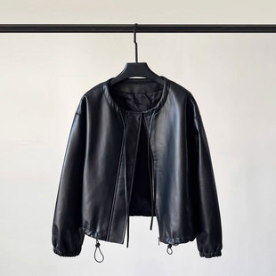 2024年春秋新款 PU皮圆领抽绳机车皮夹克宽松夹克外套 PU皮衣女短款