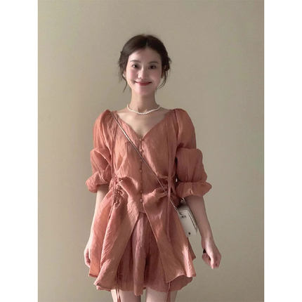 豆沙粉亚麻套装防晒衣2025夏季新款韩版系带V领雪纺薄纱两件套女