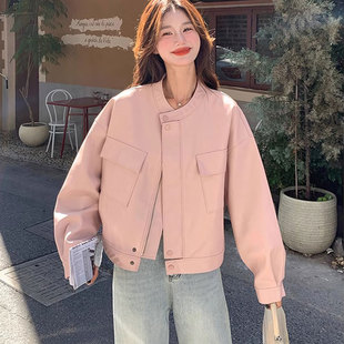 小个子爆款 新款 皮衣外套 机车服外套女2024秋季 复古粉色设计感短款