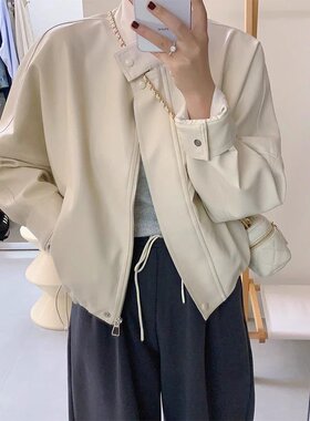 白色短款皮衣外套女2024年新款爆款春秋夹克独特超好看小个子机车