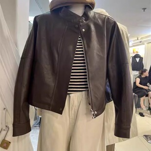 通勤上衣夹克皮衣气质外套女 宽松立领PU复古休闲短款 2024秋季 新款