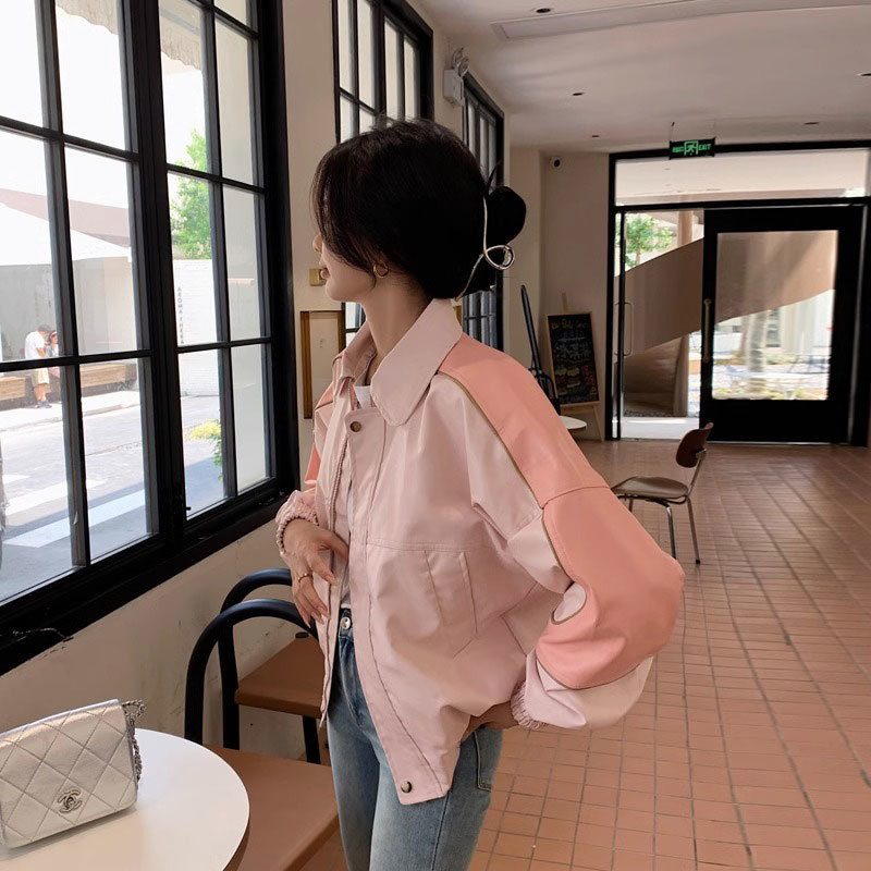 粉色短款皮衣外套女高级感气质拼接机车服夹克上衣2024春秋新款潮