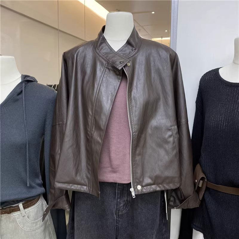 十三行秋季2024韩版宽松百搭立领皮衣外套女翻领休闲皮夹克上衣潮