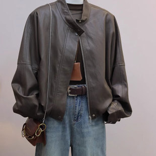 复古夹克宽松PU皮立领机车上衣 新款 咖色短款 皮衣外套女2025年秋季