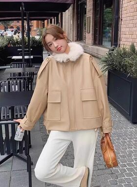 卡其色派克服皮衣外套女秋冬2024新款加绒加厚港风复古小个子棉服