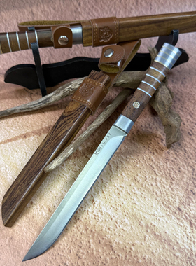 木柄黄铜+钢直刀水果刀野营便携式手把肉刀木鞘不锈钢小刀削皮刀