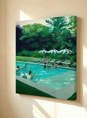 无框画Ferney美式夏日庭院泳池绿荫丛林家居文艺卧室客厅装饰挂画