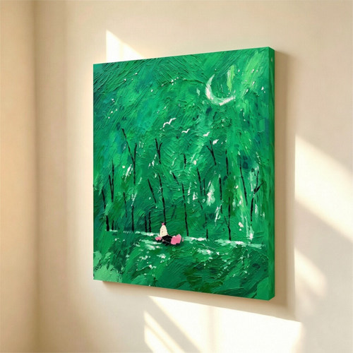 无框画ohjpaint翠绿色森林月夜密林弯月水畔卧室客厅装饰画挂画
