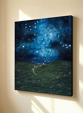 无框画Abbie深蓝色梦幻星空原野草地小花餐厅卧室客厅装饰画挂画