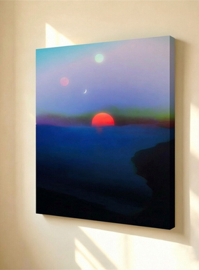 无框画Navina红蓝撞色海岸风景落日多星球弯月客厅玄关背景装饰画