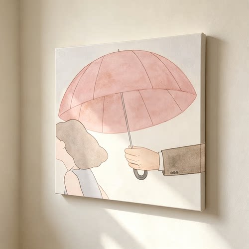 无框画Lilou手撑粉色雨伞温柔守护餐厅情侣卧室客厅装饰画挂画