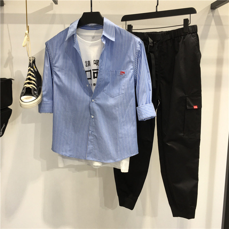 青年ins白色条纹日系痞帅衬衫
