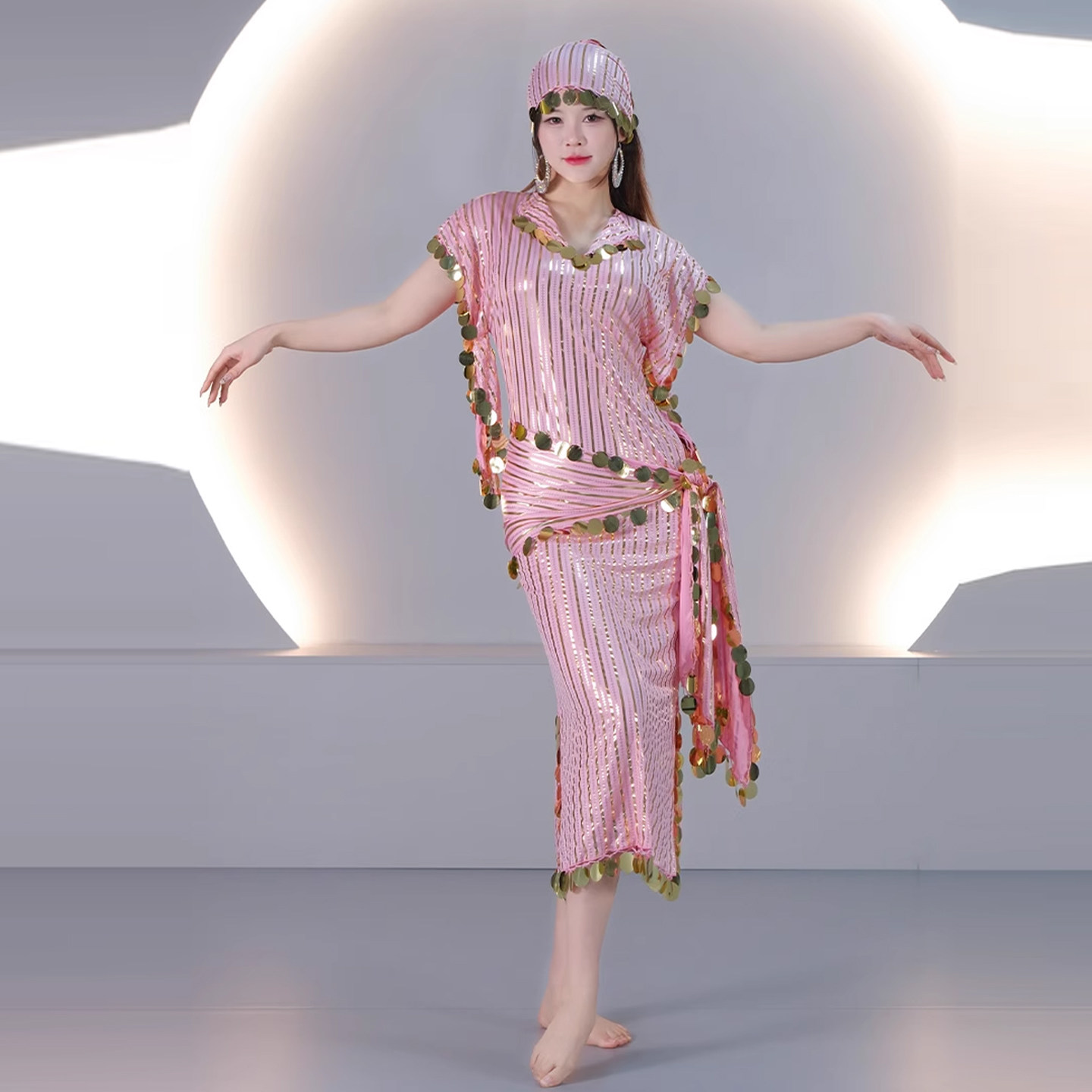 舞娘肚皮舞埃及袍子Saidi藤杖舞民俗baladi亮片烫金条纹短袍艳后