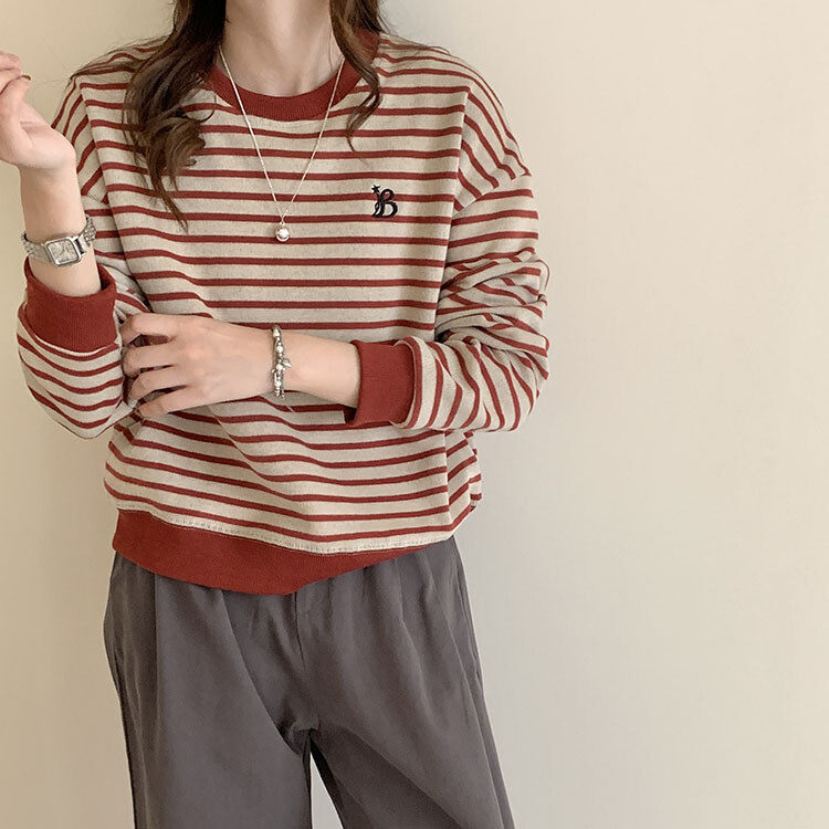 刺绣字母撞色条纹圆领卫衣女纯棉外套秋季小个子高腰宽松短款上衣