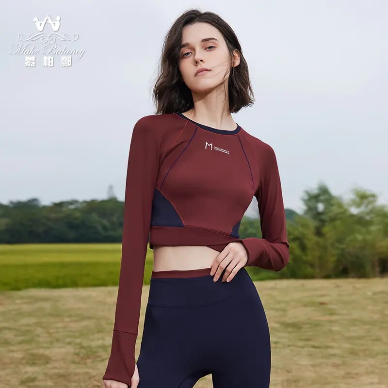 慕柏郦瑜伽服套装女新款露脐短款健身上衣训练服专业跑步运动长袖
