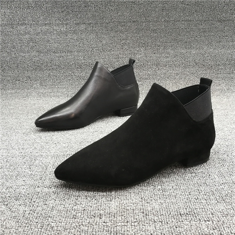 欧美时尚尖头松紧套脚低跟女短靴