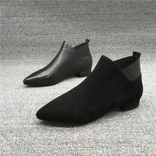 品牌撤柜真皮女靴2025年秋季新款欧美时尚尖头松紧套脚低跟女短靴