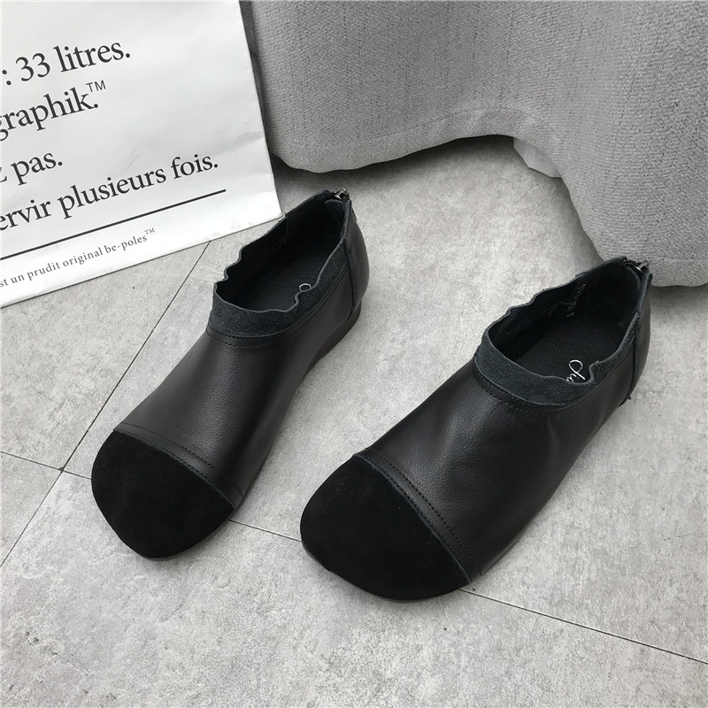 休闲低跟牛皮拼接深口女单鞋潮