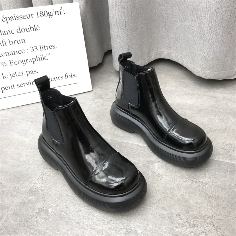 牛漆皮圆头高跟松糕底切尔西靴
