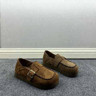 工厂撤柜处理休闲风绒面平底单鞋女圆头一脚蹬舒适百搭乐福鞋