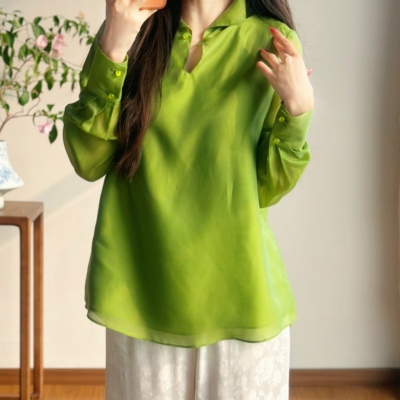 春季薄荷绿长袖宽松透气衬衫女
