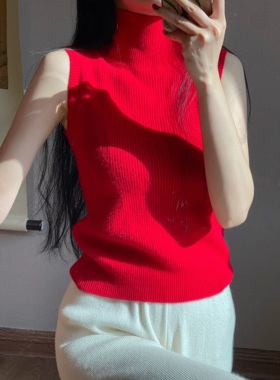 红色山羊绒吊带保暖背心女秋冬新款可外穿高领针织打底衫内搭上衣