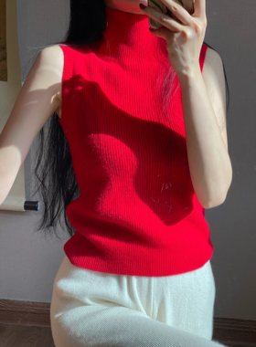 无袖山羊绒针织衫红色套头高领