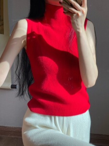 无袖山羊绒针织衫红色套头高领
