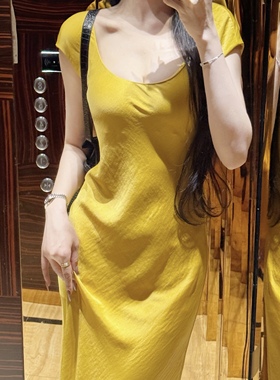 起源学醋酸长裙子2025年夏季新款收腰黄色高级感气质a字连衣裙