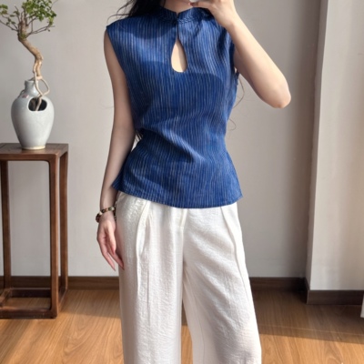 新中式立领盘扣短款无袖上衣女