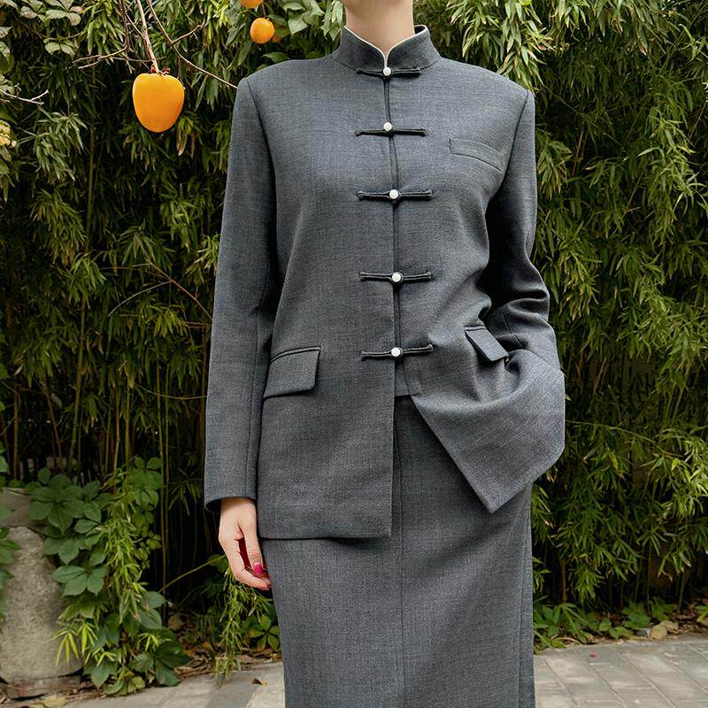 新中式灰色羊毛外套女新款秋冬短款羊毛上衣年轻国风立领上衣