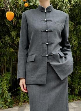 新中式灰色羊毛外套女2024新款秋冬短款羊毛上衣年轻国风立领上衣